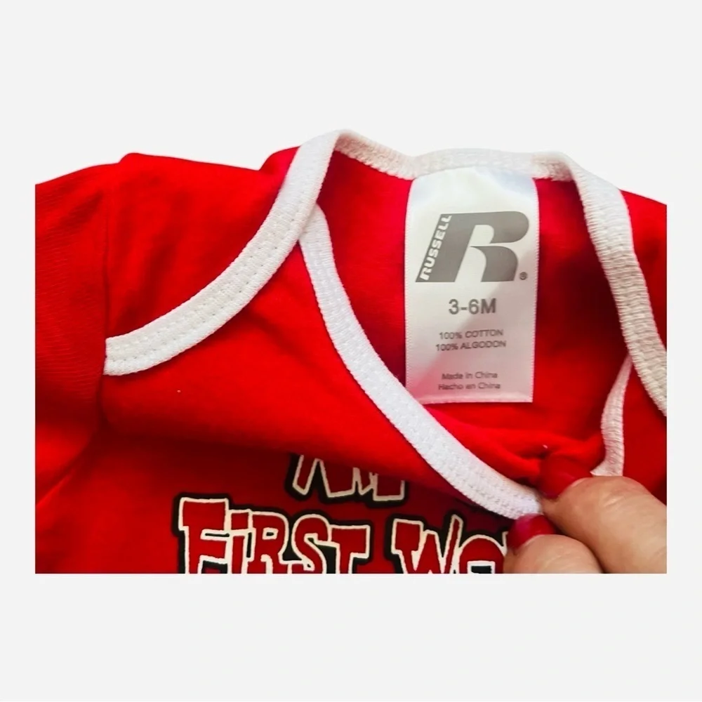 Russell R casual red one piece Unisex 3-6 M white trim snaps graphic design